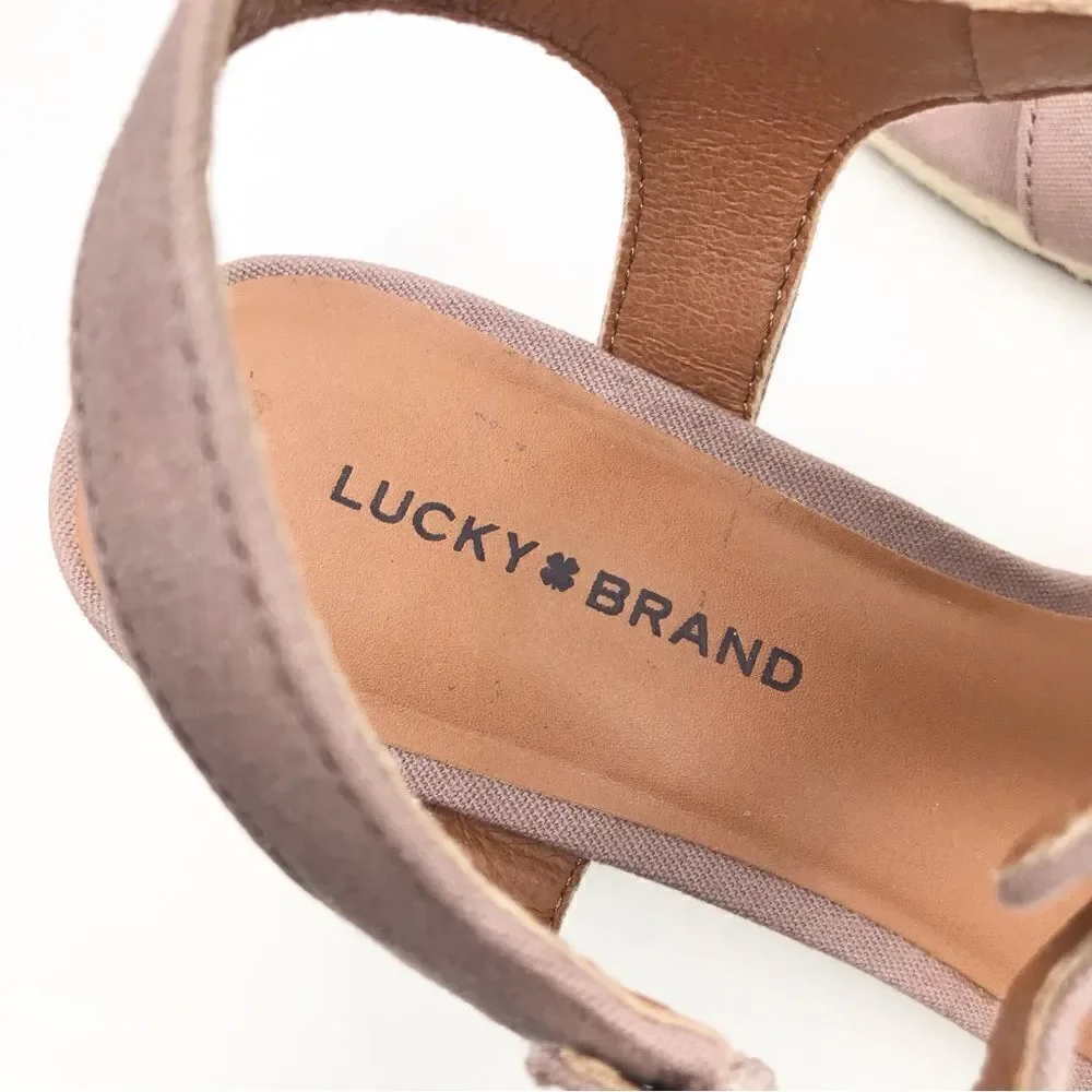 Lucky Brand Millinda Pink Espadrille T Strap Wedge Sandal in Antler Canvas